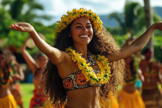 Polynesian dancer smiling with open arms during traditional dance show