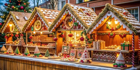 Fototapeta premium Festive Market Stalls Adorned with Festive Lights and Delicate Decorations, Displaying an Array of Sweet Treats and Festive Delights