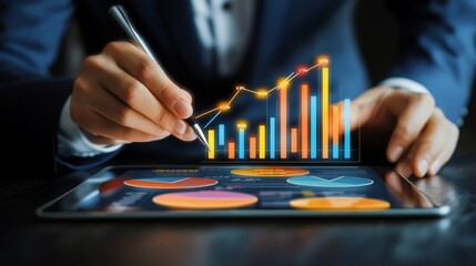 Businessman with a tablet displaying financial growth graphs, pie charts, and bar charts to highlight rising market share.