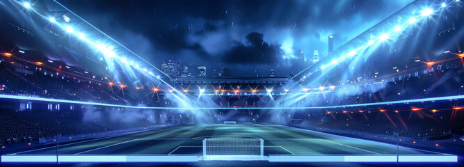 Futuristic soccer stadium illuminated by blue neon lights, featuring a vibrant crowd and a dramatic skyline backdrop under night skies