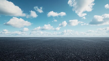 Asphalt parking lot or road with blue sky and clouds background, black rough surface product display backdrop, car, technology, modern equipment, automotive showroom texture