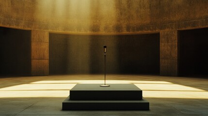 Obraz premium A Single Microphone on a Platform in a Concrete Room