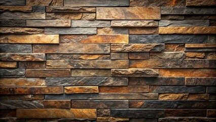 Naklejka premium A close-up view of an unevenly stacked stone wall, showcasing a range of browns, grays, and rust-colored hues, creating a textured and visually appealing surface.
