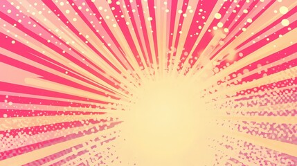Comic pop art cartoon starburst pink background, dotted texture and explosion effect or sunburst, halftone gradient, fun and exciting anime template frame