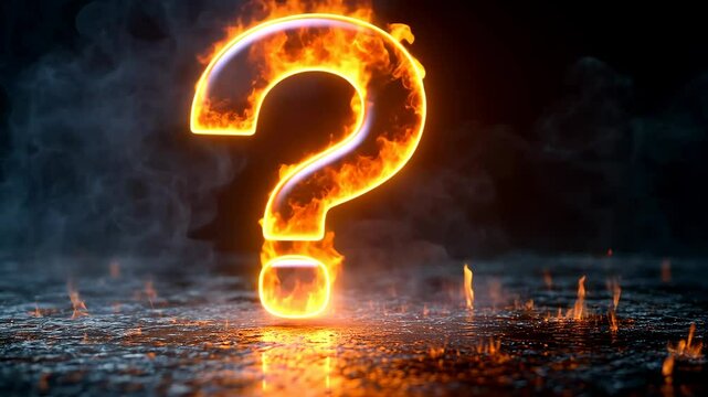 Burning question mark on wet asphalt, fiery mystery concept