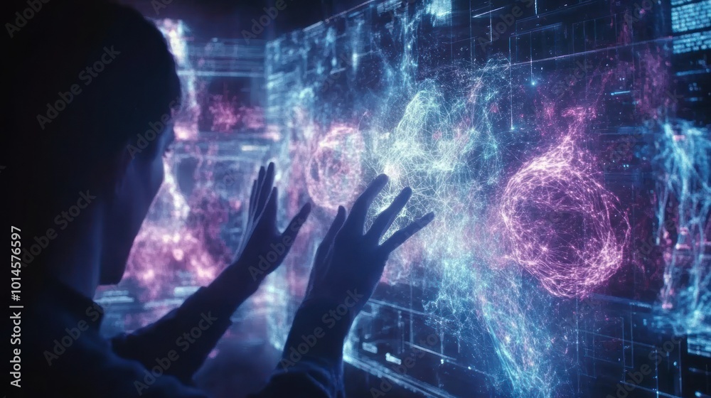 Aufkleber a person interacting with a holographic display of digital data