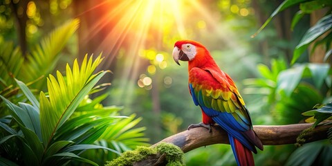 A vibrant scarlet macaw perches on a moss-covered branch, bathed in the warm glow of the sun filtering through a verdant canopy.