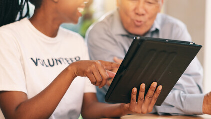 Senior care, elderly man and volunteer with tablet for help, support or new memory app in nursing home. Retired person, girl or happy with tech for innovation, outreach programme or community service