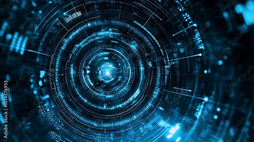 Poster abstract digital technology background with glowing blue circles and lines.