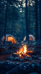 A campfire with chairs and tents in the background, capturing outdoor camping activities for adventure enthusiasts.