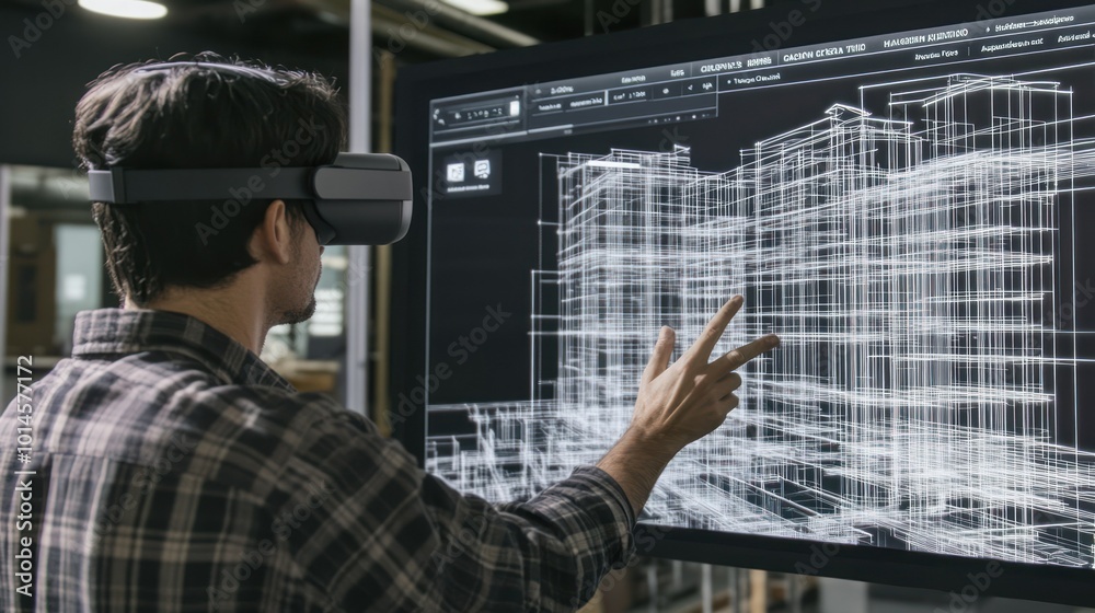 Poster Man in VR headset interacting with a digital building model