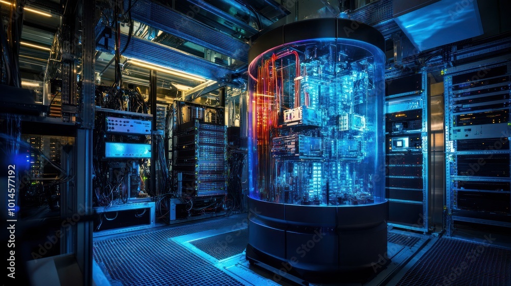 Poster futuristic server room with a transparent, illuminated, and encased data center