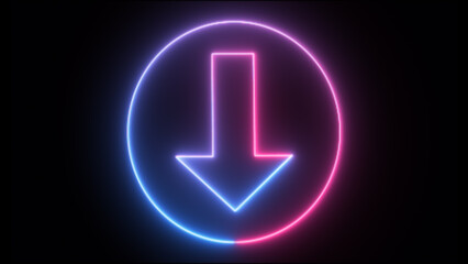 Neon arrow vector sign. Light arrow retro glow blue and pink casino neon effect circle round.