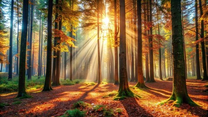 Golden Rays Illuminating a Mist-Shrouded Forest Floor, Where Sunlight Filters Through a Canopy of Autumn Leaves and Bathes the Undergrowth in a Warm Glow