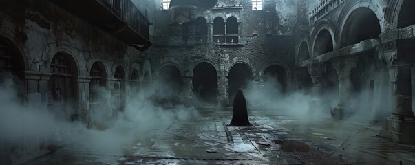 Phantom presence in a deserted castle, ghostly silhouettes in the courtyard, 4K hyperrealistic photo