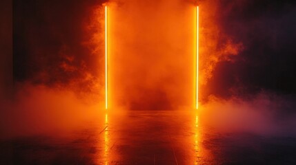 Orange neon light studio backdrop on black background with smoke reflecting backlight on wall and floor, dark room excitement and heat, excitement of competition, future and modern technology
