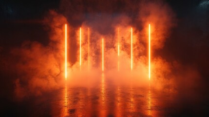Fototapeta premium Orange neon light studio backdrop on black background with smoke reflecting backlight on wall and floor, dark room excitement and heat, excitement of competition, future and modern technology