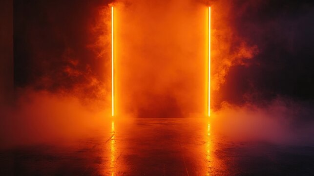 Orange neon light studio backdrop on black background with smoke reflecting backlight on wall and floor, dark room excitement and heat, excitement of competition, future and modern technology