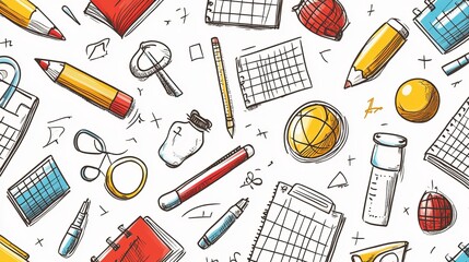 A seamless background for school, highlighting themes of education and science. The design features a repetitive pattern of pen doodles related to back-to-school concepts.