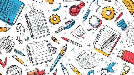 A seamless background for school, highlighting themes of education and science. The design features a repetitive pattern of pen doodles related to back-to-school concepts.