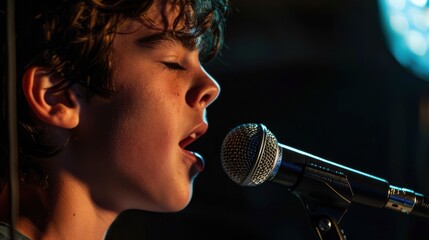 Young Boy Singing into a Microphone on a Stage