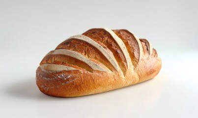 Freshly baked loaf of bread, white background, 4K hyperrealistic photo
