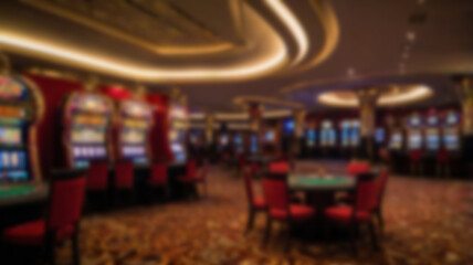 Slot machine area in a high-end casino, featuring rows of gaming machines under warm lighting, creating an inviting yet intense gambling experience