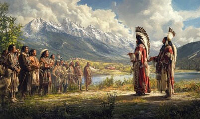 Native Americans meet by a river with mountains in the