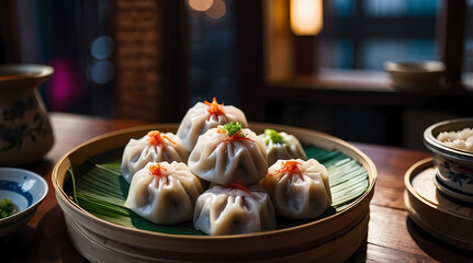 Steaming Hot Dim Sum Dumplings With Dipping Sauce And Chives I Bamboo Steamer