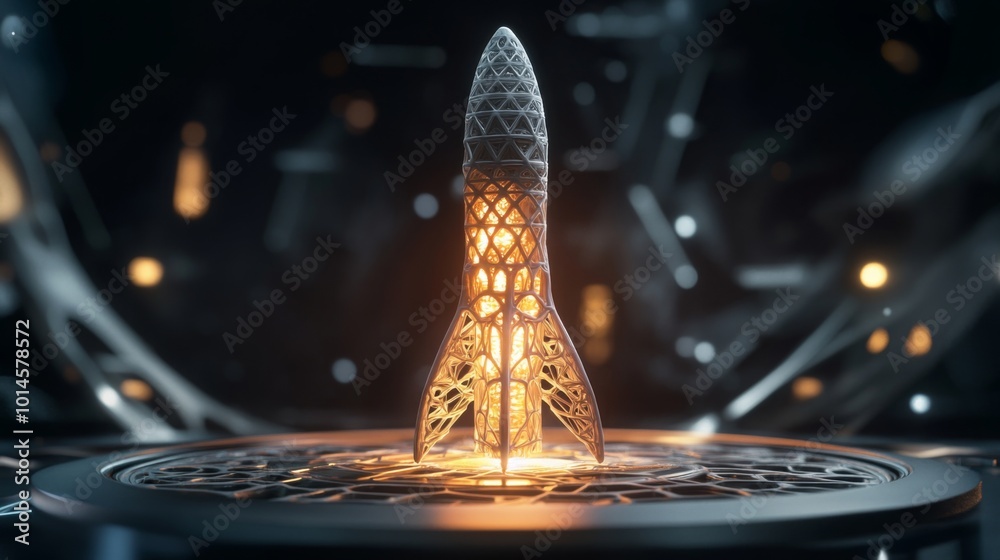 Aufkleber a detailed futuristic rocket model stands center stage, illuminated by glowing lights in a sleek, hi