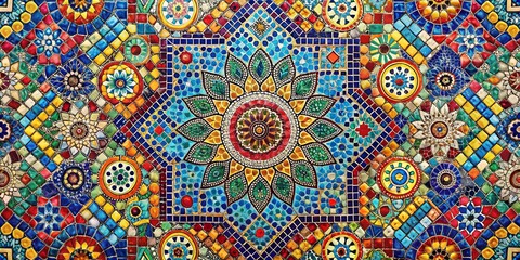 A symphony of color and pattern, an intricate mosaic of small, colorful tiles forming a captivating floral design.