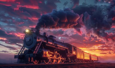 Nostalgic steam locomotive at sunset, 4K hyperrealistic photo