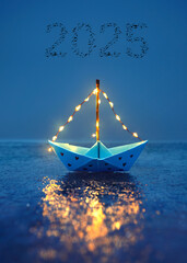 paper boat on the sea with lantern sails and flying birds in shape of 2025