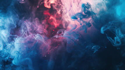 Fototapeta premium Color Smoke with Paint Water Splash, Defocused Blue Haze Cloud Glitter Particles Texture Ink Floating Dreamlike Abstract Art Background