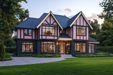 Obraz premium Architectural visualization of a home with dusty rose accents, traditional style, dark schist and maple details, large windows, cream roof trim, a cobblestone driveway, and lush green grass