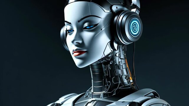 A robotic woman with blue eyes wears headphones and looks directly at the camera
