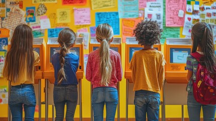 Children Using Voting Machines in Classroom Setting with Colorful Bulletin Board Background