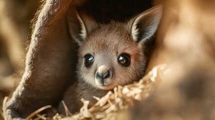 A close-up of a baby kangaroo (joey) inside its pouch, peeking out with wide eyes, capturing the cuteness of this iconic marsupial