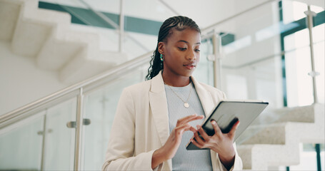 House, black woman and real estate agent with tablet for communication, networking and connection....