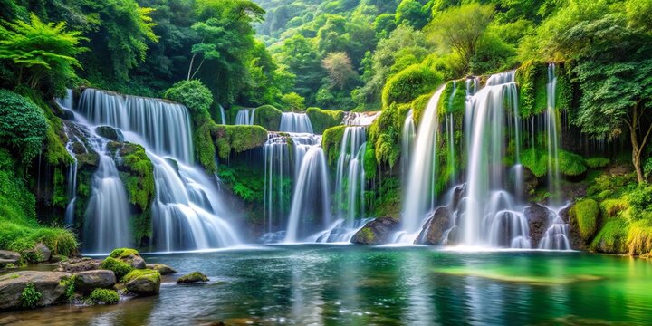 Cascading Waterfalls in Lush Green Foliage, a Serene Landscape of Nature's Beauty