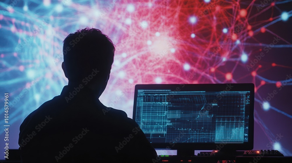 Aufkleber Silhouette of a Person Working on a Computer with a Futuristic Background
