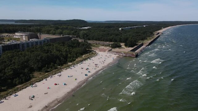 Aerial view across the KDF Prora Baltic white sand Beach 