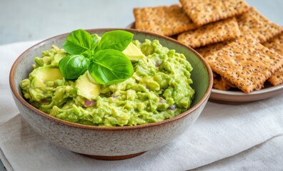 Obraz premium Fresh green guacamole served in a bowl with crispy crackers on the side, garnished with basil leaves.