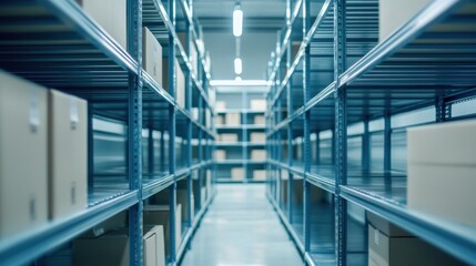 Industrial warehouse interior with shelves and storage boxes, bright lighting.