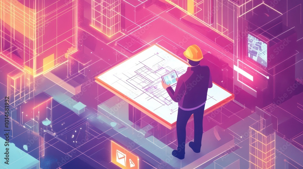 Poster Architect Examining Digital Building Plan with Tablet in a Virtual Reality Environment