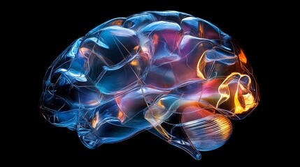 An isolated brain diagram featuring multifaceted geometric designs and vibrant colors, highlighting its unique structure.