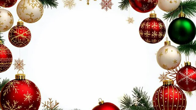 A festive border of red and white Christmas ornaments, adorned with gold snowflakes, surrounds a white background