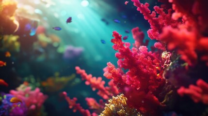Fototapeta premium A close-up of red coral under the sea, surrounded by colorful marine life.