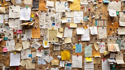 A weathered brick wall covered in a chaotic tapestry of handwritten notices, faded flyers, and brightly colored sticky notes, forming a visual record of community communication.