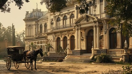 Fototapeta premium Horse-Drawn Carriage Parked in Front of a Grand Mansion